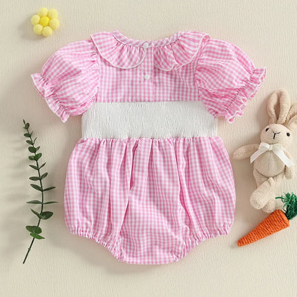 Citgeett Summer Infant Baby Girl Sweet Plaid Bodysuit Short Puff Sleeve Collar Bunny Embroidery Jumpsuit Clothes