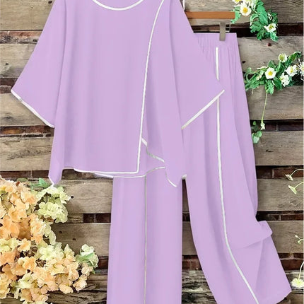Plus Size Women Casual Fashion Set Loose Comfortable Open Split Half Sleeve Top Wide Pants Long Pant Two Piece Outfit Pajama Set