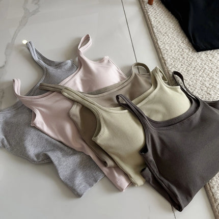 Women's Vest with Built-in Bra Pad Elastic Ribbed Square Collar Csole Tank Top ort Length  Color Versatile Summer F...