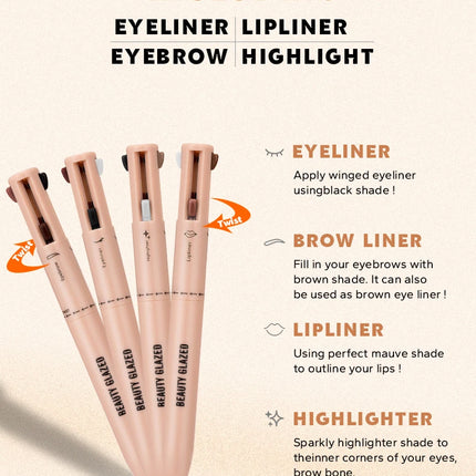 Beauty GlazedMulti-Function Beauty Glazed 4-in-1 Makeup Pen Waterproof Cosmetic Pencil for Eyeliner Brow Lip Highlighter