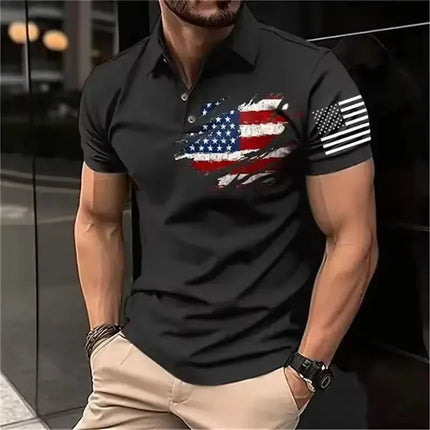 Men's Polo Shirt 3D American Flag Printed Men's Loose Street Casual Short Sleeve Top