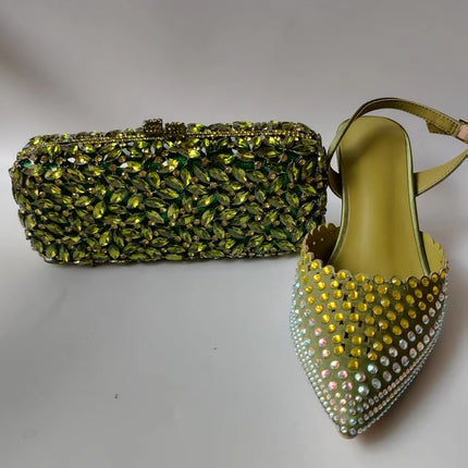 INSIGHTLINK Luxury Olive Green Rhinestones Women's Shoe and Bag Set for Party Wedding Crystals Heeled Pumps and Handbag Sandals