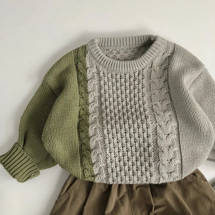 2024 Autumn New Children Long Sleeve Knit Sweater Vintage Girls Patchwork Sweater Kids Boys Cotton Knitted Pullover Baby Clothes