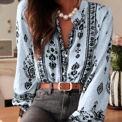 Plus Size Women's Fashion Printed Long Sleeve Loose Elegant Blouse Shirt Spring and Autumn Floral Print Chiffon Blouse Shirt