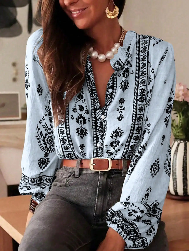 Plus Size Women's Fashion Printed Long Sleeve Loose Elegant Blouse Shirt Spring and Autumn Floral Print Chiffon Blouse Shirt