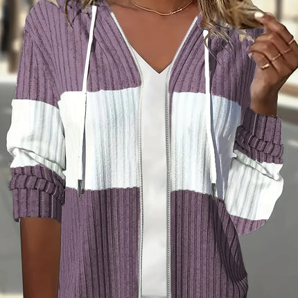 Women's Casual Color Block Hoodie Drawstring Zipper Jacket Streetwear Style with Pockets