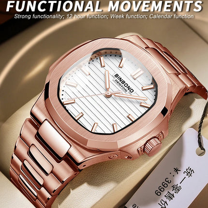 BINBOND Luxury Military Man Watch Square Waterproof Luminous Date Week Men Watch Stainless Steel Quartz Men's Watches Reloj