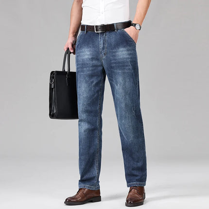 2026 Summer Brand Men's Cotton Lightweight Straight Leg Loose Jeans Classic Pocket Business Casual Mid High Waist Office Pants