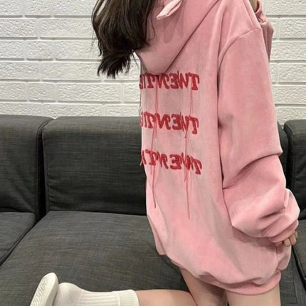 Retro Zipper Up Hoodie Y2K Clothes Pink Harajuku Hip Hop Oversized Little Devil Hoodie Sweatshirt Women Casual Zip Jacket Tops