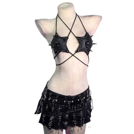 Gothic Emo Punk Women's Spiked Grunge PU Leather Tank Top Y2K Alternative 90s Vkei Studded Cyber Goth T-shirt 2000s ALT Clothing