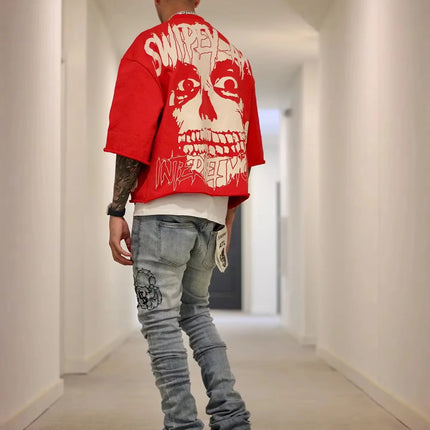 25 Summer Y2K Retro Gothic Skull Graphic Print T-shirt Men's Oversized Casual Cotton Short-sleeved T-shirt Street Top