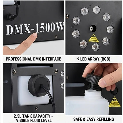 1500W Fog Smoke Machine RGB 9X3W LED Stage Fogger Effect DMX Remote Control DJ Equipment for Wedding Party Nightclub Disco