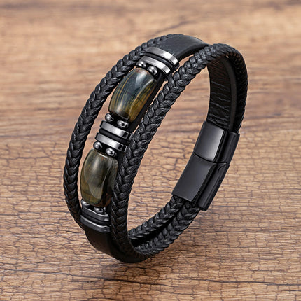 New Natural Tiger Eye Stone Men's Wristband Bracelet Hand-woven Multi-Layer Braided Leather Bangles Stainless Steel Jewelry