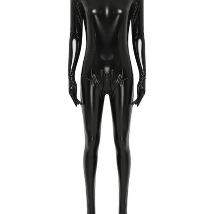 Womens Faux Leather Full Body Bodysuit Wet Look Gloved Sleeve Double-end Zipper Openable Crotch Latex Catsuit Unitard Clubwear