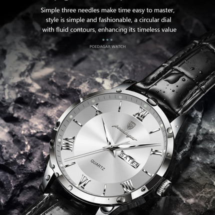 POEDAGAR Classic Luxury Men's Wristwatch Date Week Leather Business Man Watch Waterproof Luminous Fashion Quartz Watches For Men