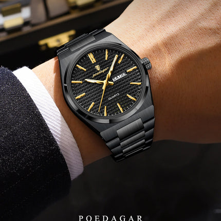 POEDAGAR Luxury Fashion Men's Wristwatch Waterproof Luminous Date Week Man Clock Stainless Steel Quartz Business Watches For Men