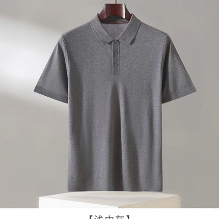 100% Lyocell men's T-shirt casual solid color knitted pullover short sleeved loose POLO collar Tees Pull on vest Tops