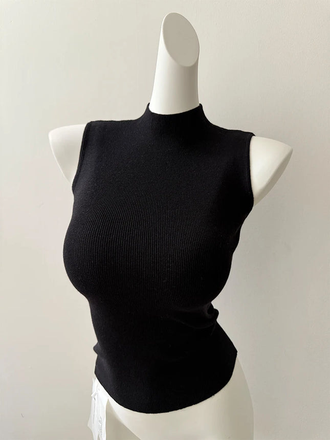 Korean Sle Knitted Vest Women's Base Layer Tank Top Svel f High Collar Spring Autumn Winter Inner And Outer Wear