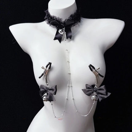 Black Lace Nipple Clamps Bell-Adorned Bow Collar SM Set Leash Training Sexy Accessories for Women Fetish Adult Sex Toys 18+