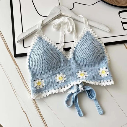 National Style Women's Swimwear Top with Chest Pads Bohemian Beach Wear Outfit Crochet Halter Neck Summer Sling Beach Vacation
