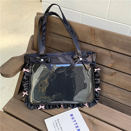 Japan Style Anime Messenger Bag Large Capacity Preppy Style Shoulder Bag with Bow Ribbon Women Handbag