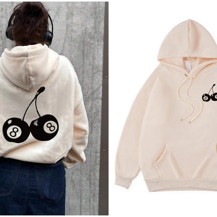 Black Cherry Women Hoodie Lucky Number 8 Hooded Cartoons fur-liner Woman Hoodies S-XXL Pullover Clothing