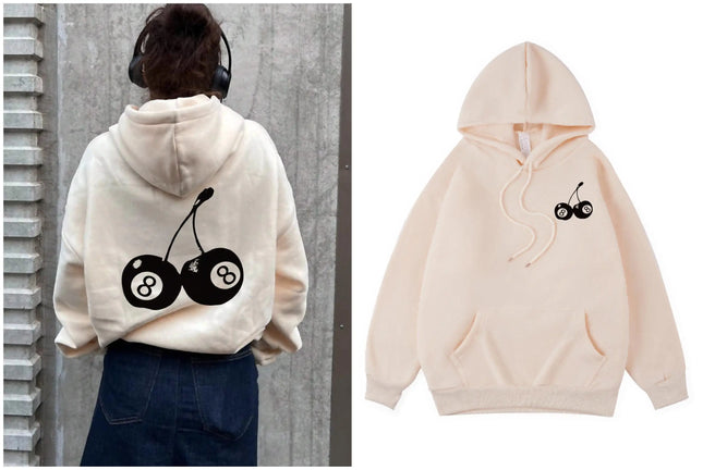Black Cherry Women Hoodie Lucky Number 8 Hooded Cartoons fur-liner Woman Hoodies S-XXL Pullover Clothing