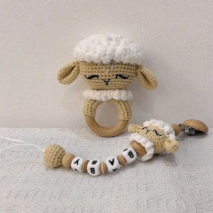 1 Set DIY Crochet Giraffe Baby Teether Newborn Lamb Rattle Toy Wooden Molar Teething Ring Pacifier Clips Chain Set Baby Stuff
