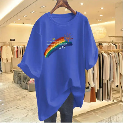 Women Clothing Fashion Hand-Painted Rainbow Print Tshirt Summer O-neck Short Sleeve 100 Cotton Basic Tee Loose Chic Top 45-105Kg