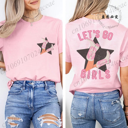 Lets Go Girls Shirt,Country Girl T-Shirts,Western Pink Tee Tops,Girls Party Women's T-Shirts,Summer Harajuku Women T-Shirt Tops