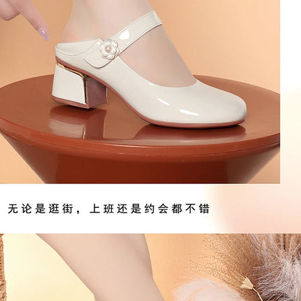 Women's Leather Shoes New Style Dancing Shoes Leongyue Mother Shoes Soft Sole Thick Heel Women's Shoes One-Button Single Shoes