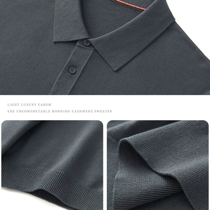 100% Lyocell men's T-shirt casual solid color knitted pullover short sleeved loose POLO collar Tees Pull on vest Tops