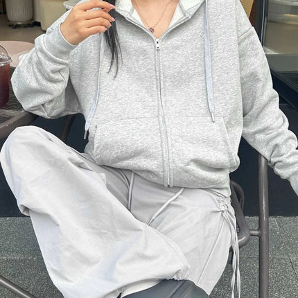 Korean Fit Classic Versatile Drawstring Hoodies Fashion Casual Loose Zipper Hoodies Women Autumn Cotton Long Sleeves Sweatshirt
