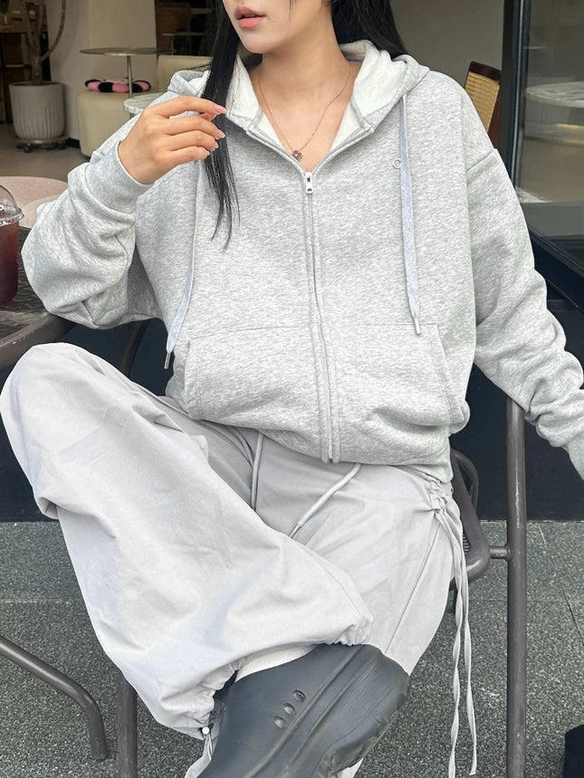 Korean Fit Classic Versatile Drawstring Hoodies Fashion Casual Loose Zipper Hoodies Women Autumn Cotton Long Sleeves Sweatshirt