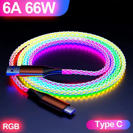 RGB Super Fast Charging Date Cable 66W 6A Glowing Phones USB C Line For iPhone16 15 Xiaomi Samsung POCO PD Data Cord USB-A To C
