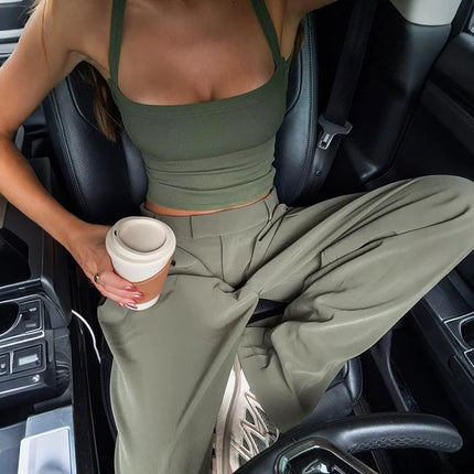 Green Thread Casual Tank Tops Woman Low-Neck Cross Strap Sleeveless Backless Crop Top Hot Girls High Street Classic Slim Fit Top