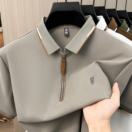 Men's Contrasting Striped Lapel Short Sleeved T-shirt, Summer Dad Outfit, New Cool POLO Top