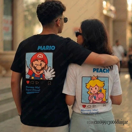 Summer New Anime Tshirts For Couple Cartoon Graphics Mario Print T-shirt Casual Round Neck Tees Street Short Sleeve Man Clothing