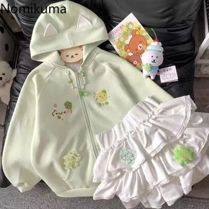 Women Clothing Anime Zip-up Hoodie Jackets Cat Embroidery Cute Outerwear Hooded Casual Fashion Sweatshirts Japanese Cute Tops