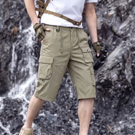 Men Washed Cotton Tactical Cargo Capri Shorts Multi Pockets Elastic Waist Outdoor Mountaineering Training9A310
