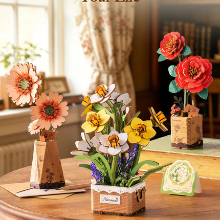 Rolife Artificial Flower Wooden 3D Puzzle Narcissus DIY Flower Bouquet Model Building Kit for Home Decor Mother's Day Valentine's Day Gifts