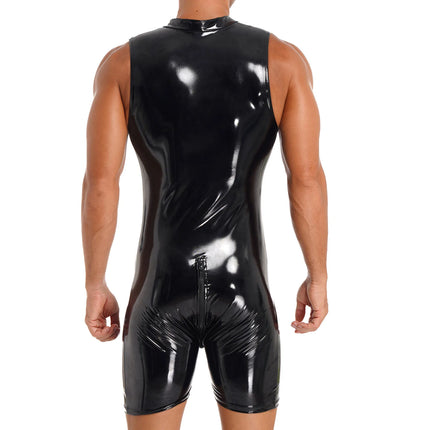 Male Mens Latex Catsuit Wet Look Patent Leather Bodysuit Long Sleeve Romper Zipper Crotch Jumpsuit Underwear Club Stage Costume