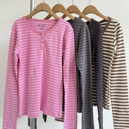 Pink Striped Slim Long Sleeve Tees Women Spring Casual Cotton O-neck Tshirt New Tops Clothes Sweet Cute  Vintage T-shirts Y2K