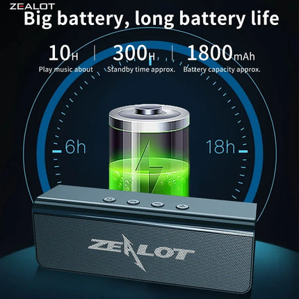 Zealot  Outdoor Portable Subwoofer Wireless  Speaker ,TWS,1800mAh Battery , Loud Stereo, Booming Bass. Charging Cable,