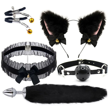 Cute Fox Tail Anal Plug Bow-Knot Soft Cat Ears Headbands Collar Erotic Cosplay SM Sex Toys for Female Male