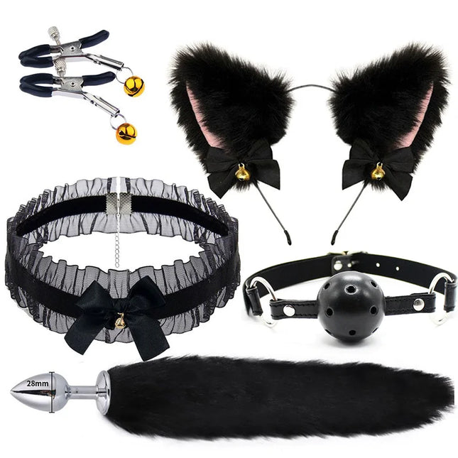 Cute Fox Tail Anal Plug Bow-Knot Soft Cat Ears Headbands Collar Erotic Cosplay SM Sex Toys for Female Male