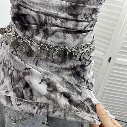 Women's Vintage Tie-dye Printed Mesh Spaghetti Strap Camisole Hot Girl Irregular Ruffled Ribbon Sleeveless Top Partyclub 1185