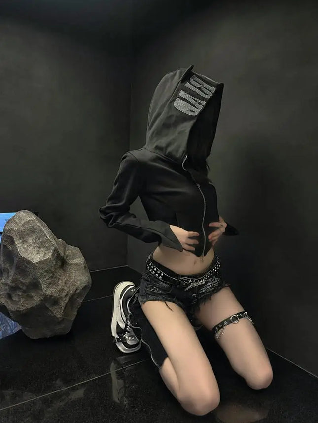 Y2K Hooded Shirt Crop Top Punk Vintage Letter Gothic Clothes Winter Fashion Streetwear Women Slim  Hoodies Zip up Hip Hop Hoodie