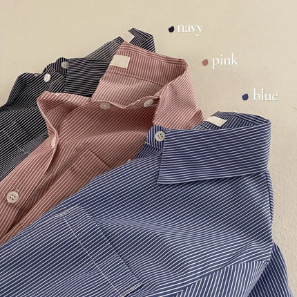 Spring High Waist Slim Fit Striped Shirt Women's Button up Polo Collar Cotton Polyester Blend Fashionable Korean Style