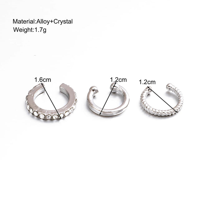 3PCS Vintage Simple Metal Crystal Ear Cuff for Women Teens Gold Color Non Piercing Fake Cartilage Clip Earrings Set Jewelry Gift